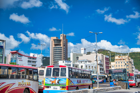 PORT LOUIS, MAURITIUS - APRIL 28, 2019: City traffic along the port. Port Louis is the capital of Mauritius.のeditorial素材