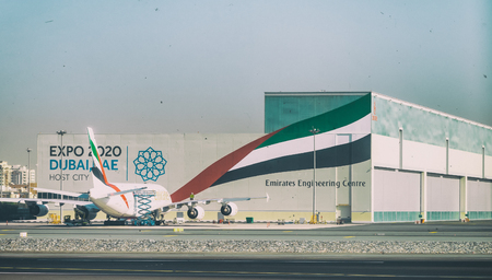 DUBAI - NOVEMBER 22, 2015: Exterior view of Dubai International Airport. Dubai is a famous destination for tourists.のeditorial素材
