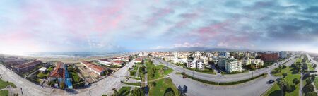 Aerial panoramic view of Viareggio skyline with promenade and sea, Tuscany, Italy.