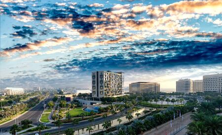 Aerial view of Abu Dhabi Yas Island skyline at sunset, UAE.の写真素材