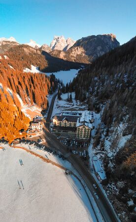 Aerial view of beautiful alpine landscape of Misurina, Italian Dolomites.の写真素材