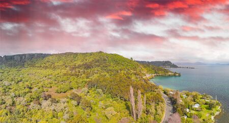 New Zealand Lake Taupo landscape, panoramic aerial view.の写真素材