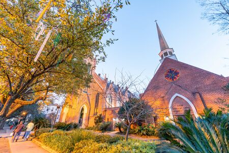 Historical southern style church along Saint Charles Avenue in New Orleans at night, Louisiana..