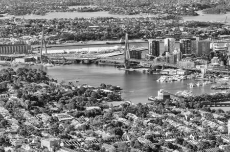 Sydney Anzac Bridge and city skyline from the air.のeditorial素材