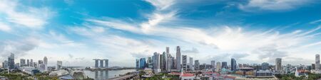 Singapore skyline. Panoramic view from drone at sunset. Buildings and skyscrapersの写真素材