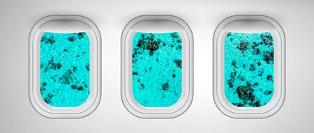 Airplane windows with Ocean Reef view. Travel and holiday abstract concept.の写真素材