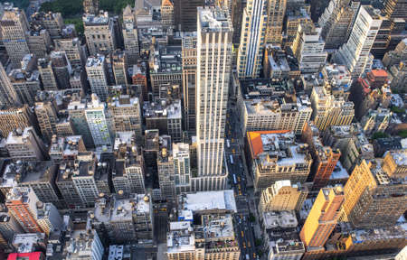 New York City, USA. Sunset aerial view of Midtown Manhattan skyscrapers from a high viewpoint.のeditorial素材