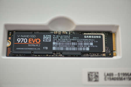 PISA, ITALY - FEBRUARY 12, 2020: NVME M2 SSD disks for data storage at high speed closeup on...
