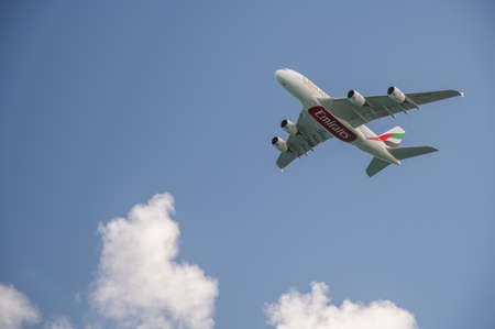 MAURITIUS - MAY 4, 2019: Emirates flight leaving Mauritius International Airport.のeditorial素材
