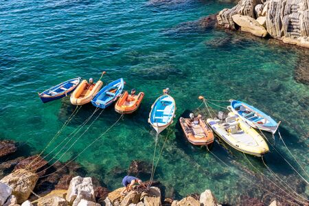 Boats in Riomaggiore port, Five Lands, Italy.の写真素材