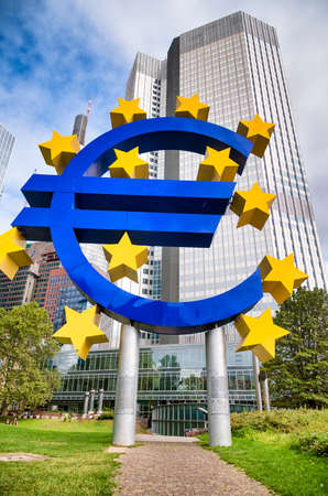 FRANKFURT, GERMANY - SEPTEMBER 12, 2019: Giant Euro sign at European Central Bank headquarters in the morning, business district in Frankfurt am Main, Germany.のeditorial素材