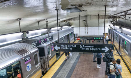 NEW YORK CITY - JUNE 2013: Two MTA trains in the subway station.