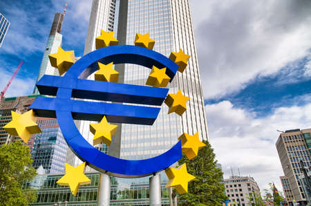FRANKFURT, GERMANY - SEPTEMBER 12, 2019: Giant Euro sign at European Central Bank headquarters in the morning, business district in Frankfurt am Main, Germany.のeditorial素材