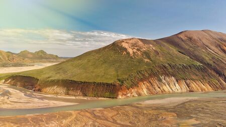 Aerial view of Landmannalaugar mountains and landscaoe from car parking, Iceland.の写真素材