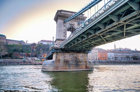 Szechenyi Chain Bridge in Budapest, Hungary.の写真素材