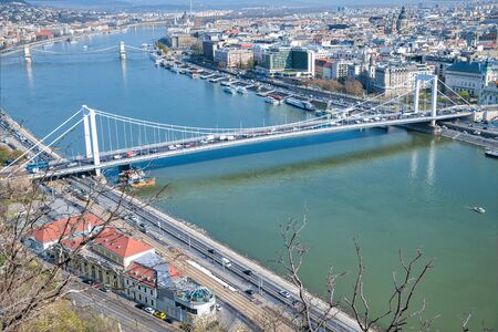 Aerial view of Budapest Danube and Bridges, Hungaryの写真素材