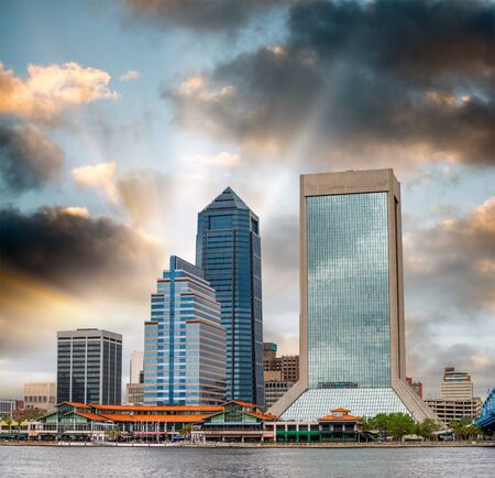 Amazing skyline of Jacksonville at spring sunset, Florida, USA.の写真素材