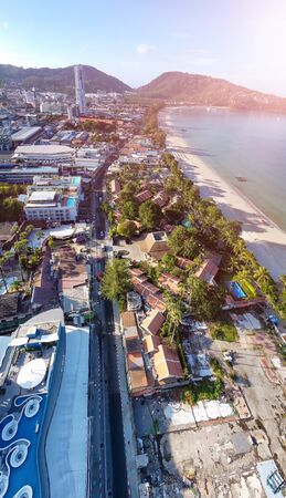 Beautiful aerial view of Patong Beach coastline in Phuket, Thailand.の写真素材