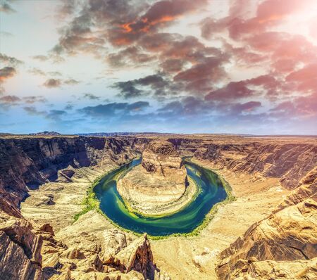 Sunset at Horseshoe Bend. Panoramic aerial wide angle view.の写真素材