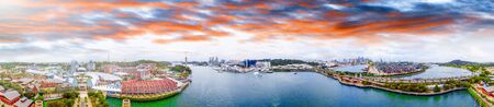 Sentosa Island, Singapore. Panoramic aerial view of cityscape and coastline at sunset.の写真素材