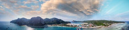 Panoramic aerial view of Tonsai Pier and Phi Phi Don coastline, Thailand.の写真素材
