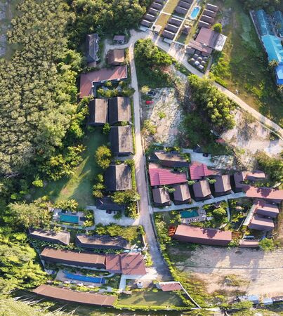 Overhead downward aerial view of Ao Nang countryside and forest, Thailand.の写真素材