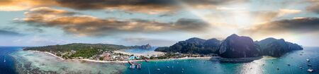 Panoramic aerial view of Tonsai Pier and Phi Phi Don coastline, Thailand.の写真素材