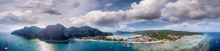Panoramic aerial view of Tonsai Pier and Phi Phi Don coastline, Thailand.の写真素材