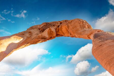 Upward skyward view of Delicate Arch, Arches National Park, Utah - USAの写真素材