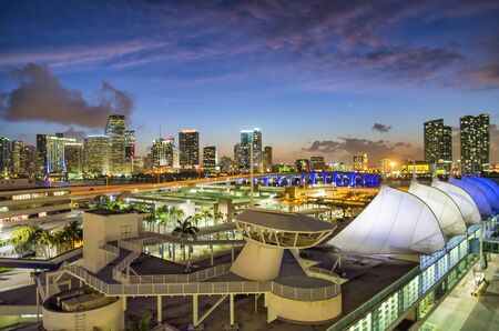 Port of Miami with downtown city skyline at sunset, Florida.の写真素材