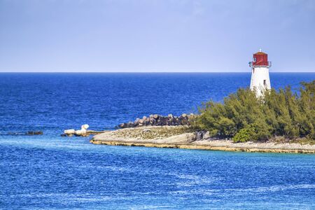 Beautiful coast and lighthouse of Nassau, Bahamas.の写真素材
