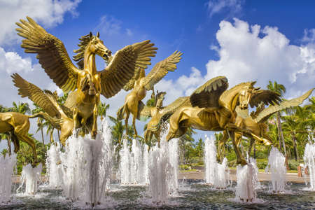 NASSAU, BAHAMAS - FEBRUARY 2012: The magnificent Pegasus water fountain at the Atlantis Hotel and Casino in Paradise Island on a beautiful sunny day.のeditorial素材