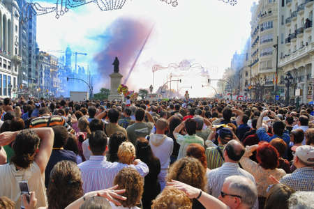 VALENCIA, SPAIN - MARCH 3, 2007: Tourists and locals in the Town Hall Square for Valencia`s Fallas festival.のeditorial素材