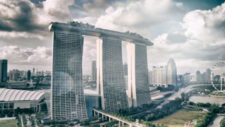SINGAPORE - JANUARY 2, 2020: Aerial city landscape from Gardens by the Bay.のeditorial素材