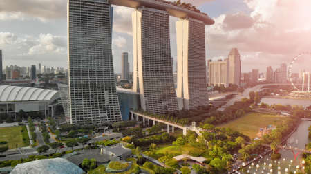 SINGAPORE - JANUARY 2, 2020: Aerial city landscape from Gardens by the Bay.のeditorial素材