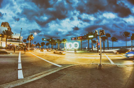 FORT LAUDERDALE, FL - FEBRUARY 2012: The city celebrates the 100th anniversary, Beach Boulevard at night.のeditorial素材