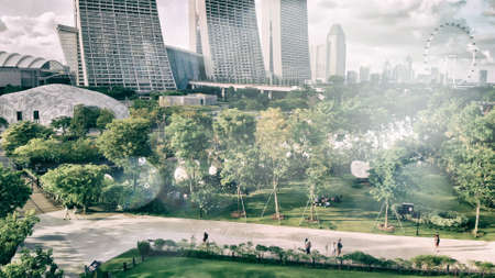 SINGAPORE - JANUARY 2, 2020: Aerial city landscape from Gardens by the Bay.のeditorial素材