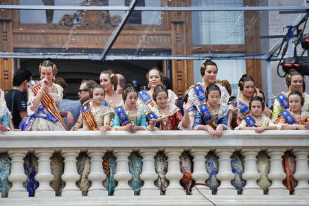 VALENCIA, SPAIN - MARCH 4, 2007: People on a city terrace over Town Hall Square for Valencia`s Fallas festival.のeditorial素材