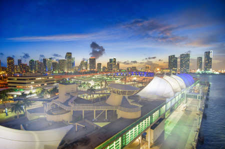 Downtown Miami night aerial view from departing cruise ship.のeditorial素材