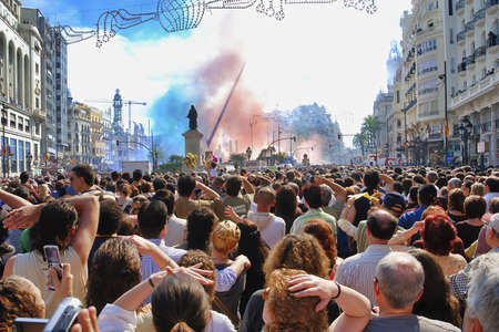 VALENCIA, SPAIN - MARCH 3, 2007: Tourists and locals in the Town Hall Square for Valencia`s Fallas festival.のeditorial素材