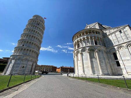 Field of Miracles and Leaning Tower, Pisa. Panoramic view without tourists on a sunny day.の写真素材