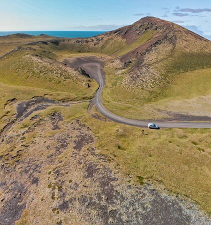 Amazing panoramic drone aerial view of Saxholl Crater, Icelandの写真素材