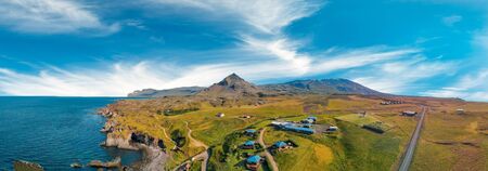 Arnarstapi coastline in sumemr season, Snaefellsnes peninsula, Iceland. Aerial view from drone.の写真素材