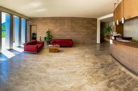 Modern office interior, panoramic view of company entrance.の写真素材