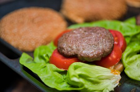 Tasty hamburger prepared on the table, closeup of tomatoes and meat.の写真素材