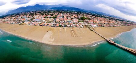 Aerial view of Lido di Camaiore at dusk, Italy.の写真素材