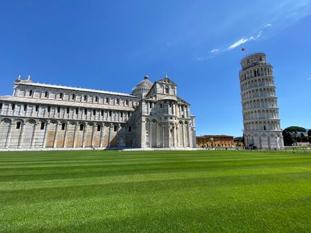 Field of Miracles and Leaning Tower, Pisa. Panoramic view without tourists on a sunny day.の写真素材