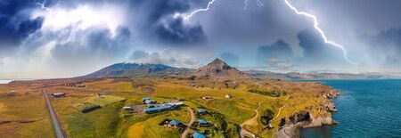Storm over Arnarstapi coastline, panoramic aerial view.の写真素材