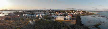 Borgarnes, Snaefellsnes peninsula, Iceland. Aerial view from drone at summer sunset.の写真素材
