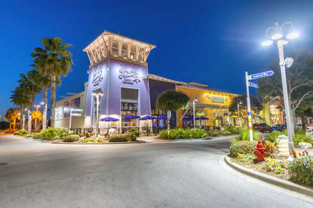 PANAMA CITY, FL - FEBRUARY 2016: Port Lagoon streets and buildings at night.のeditorial素材